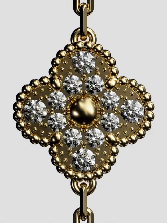 Close-up of an ornate gold pendant necklace with clear gemstones in a clover design, suspended by a thick gold chain against a grey background.
