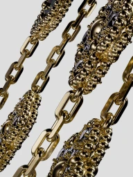 Close-up CGI render of intricate gold jewellery chains and ornate beaded metallic elements against a plain white background.