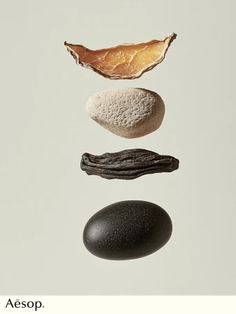 Still life of amber resin, stone, black wood, and a dark stone with the Aesop logo in the lower left corner on a pale background.