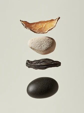 Studio shot of four textured objects stacked vertically, featuring organic shapes and neutral tones against a light background.