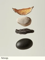 Four natural elements, including a dried peel, textured pumice, botanical pod, and black stone, floating above an Aesop logo.