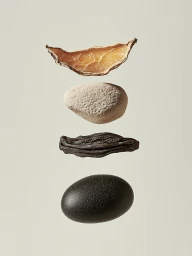 Four textured organic objects including a dried peel, pumice stone, dark root, and smooth pebble floating vertically against a pale backdrop.
