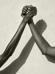 Two dark-skinned arms locked in an arm-wrestling grip against a textured off-white wall under harsh direct sunlight casting sharp shadows.