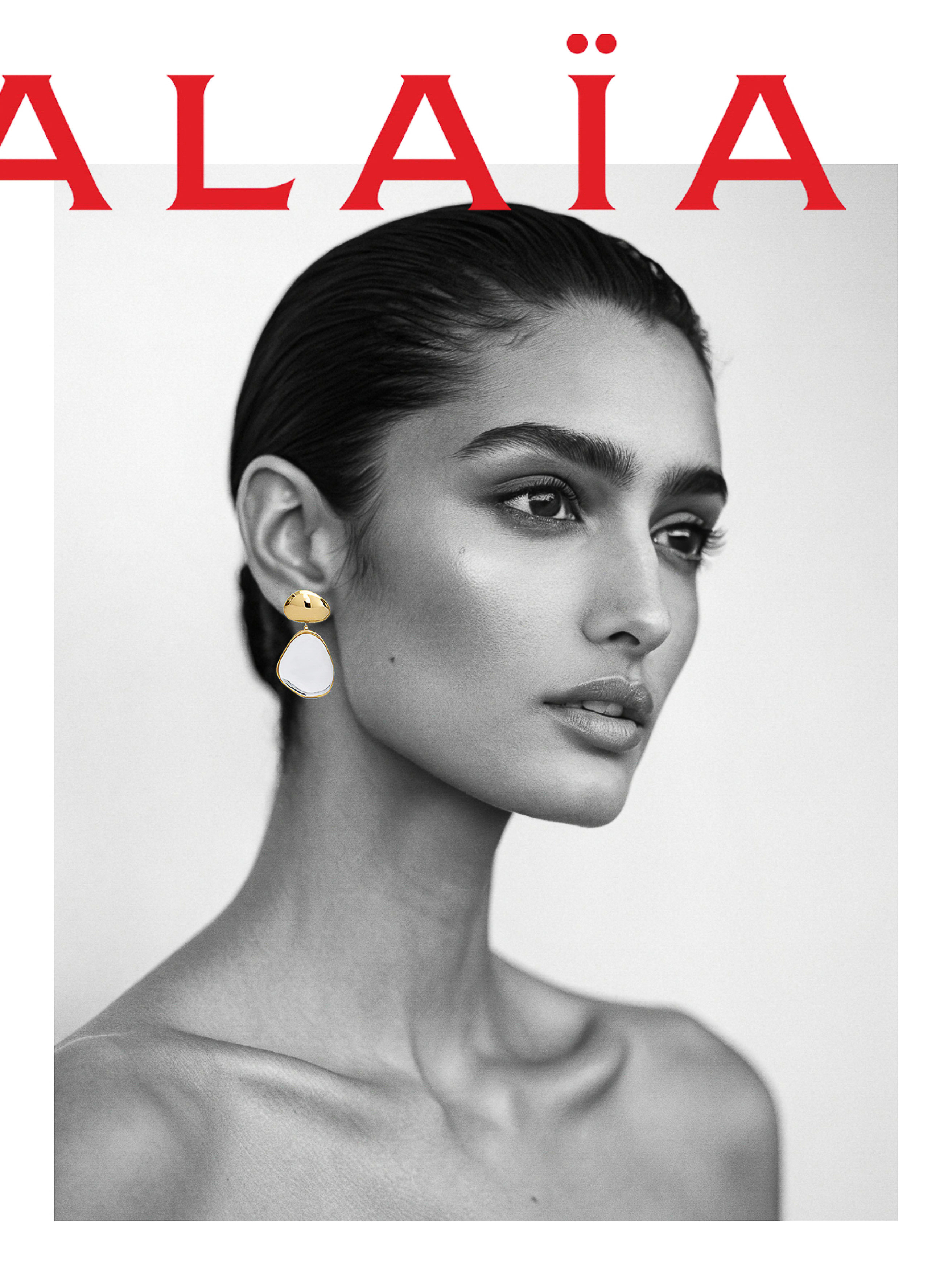 Close-up fashion portrait of an adult female wearing gold teardrop earrings, against a neutral studio backdrop with brand text.