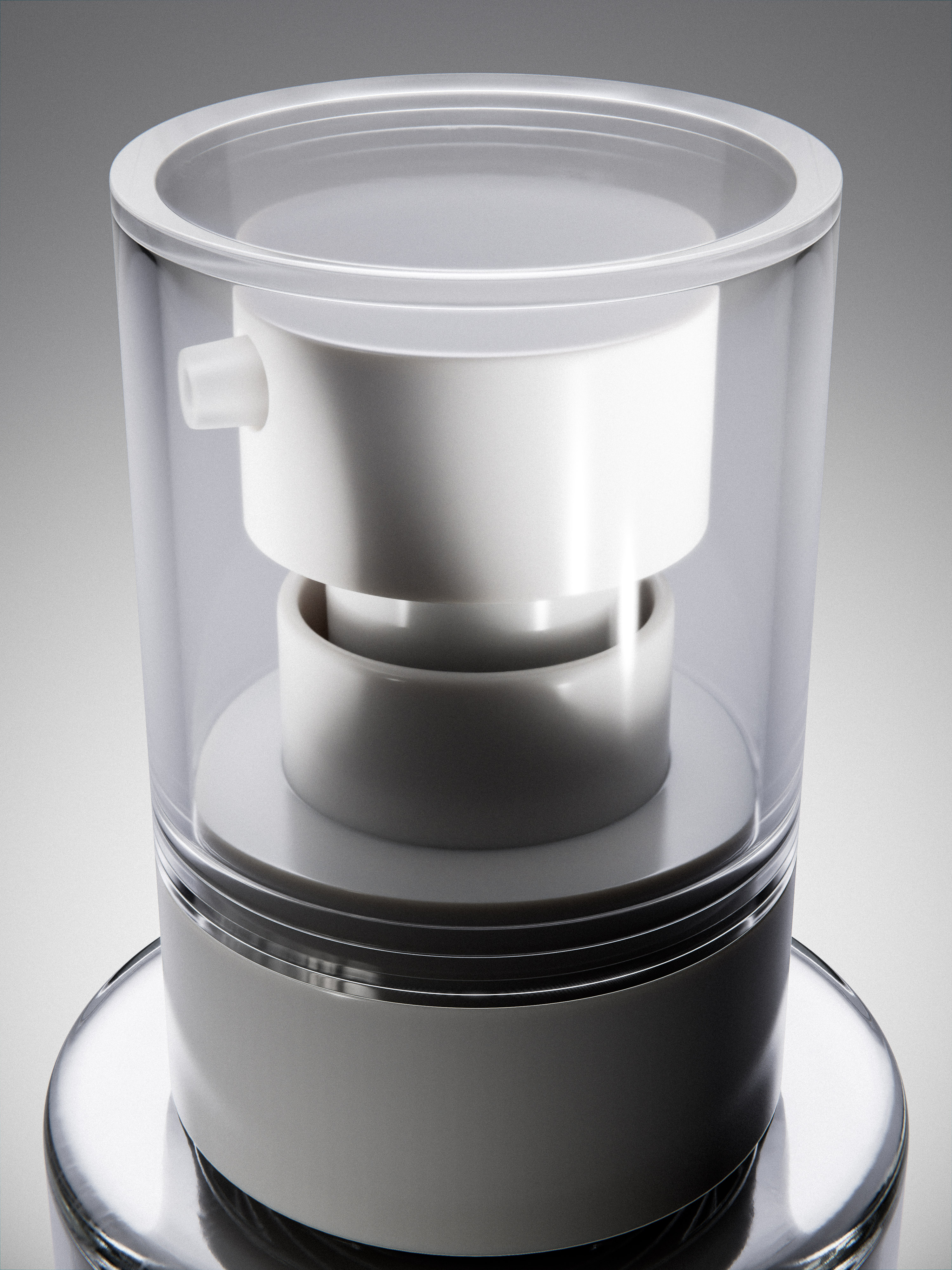 Close-up shot of a clear and white cylindrical container with a pump mechanism, suitable for cosmetics or skincare products on neutral gray.