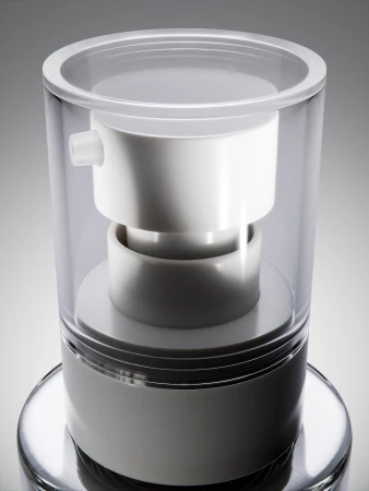 Close-up shot of a clear and white cylindrical container with a pump mechanism, suitable for cosmetics or skincare products on neutral gray.