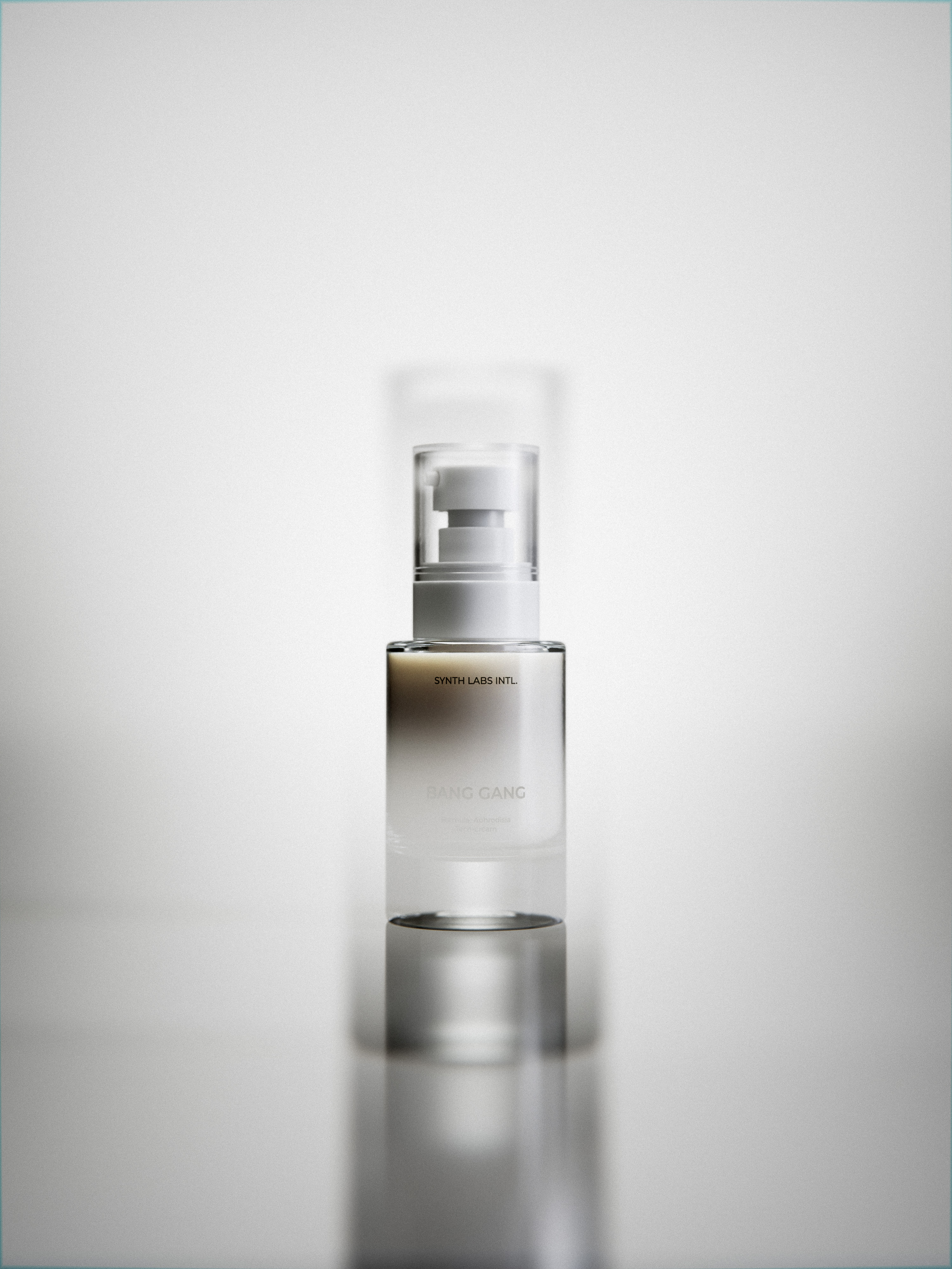 Elegant product shot of a clear and white cosmetic serum bottle with pump on a reflective surface against a gradient white background.