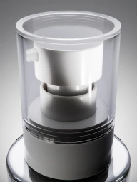 Close up shot of a minimalist cylindrical white and clear glass product pump dispenser against a seamless grey background.