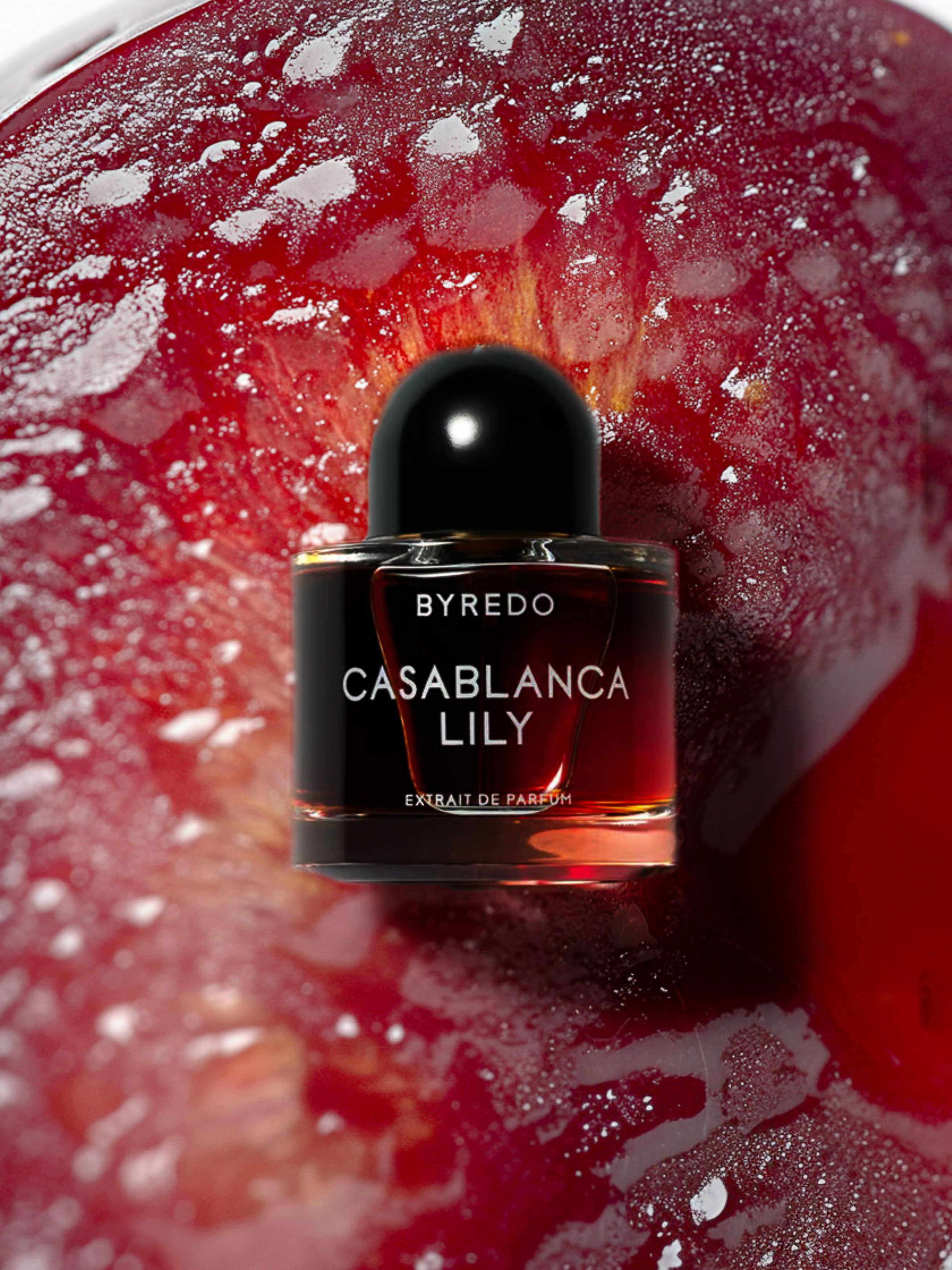 Close-up studio shot of a Byredo Casablanca Lily perfume bottle against a fresh plum with a dewy texture and dark red hue.