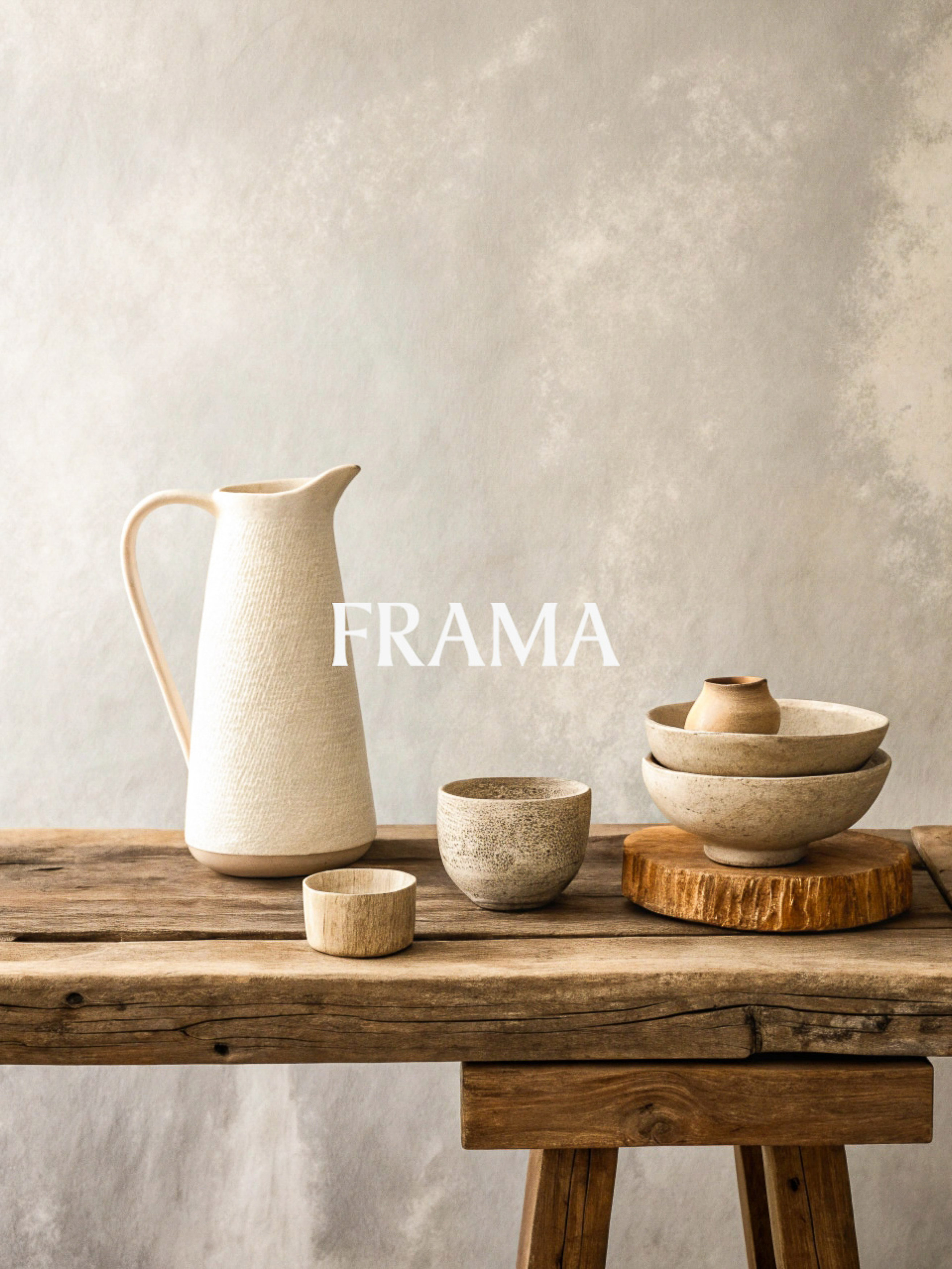 Still life composition featuring a ceramic pitcher, bowls, and cup arranged on a rustic wooden table against a neutral backdrop.