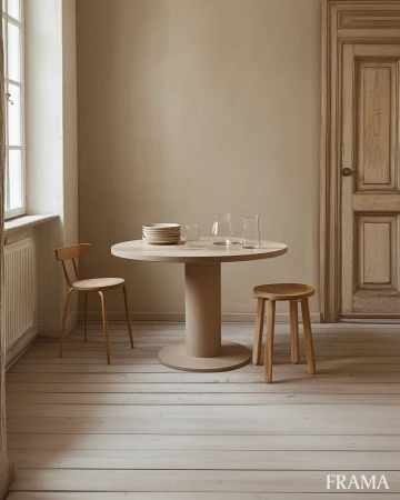 Interior with round table, chairs, stool, and tableware. Light beige walls, wooden floors, and natural light fill the cozy space.