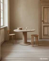 Round wooden table and chairs in a minimalist neutral room with a window and panelled door.