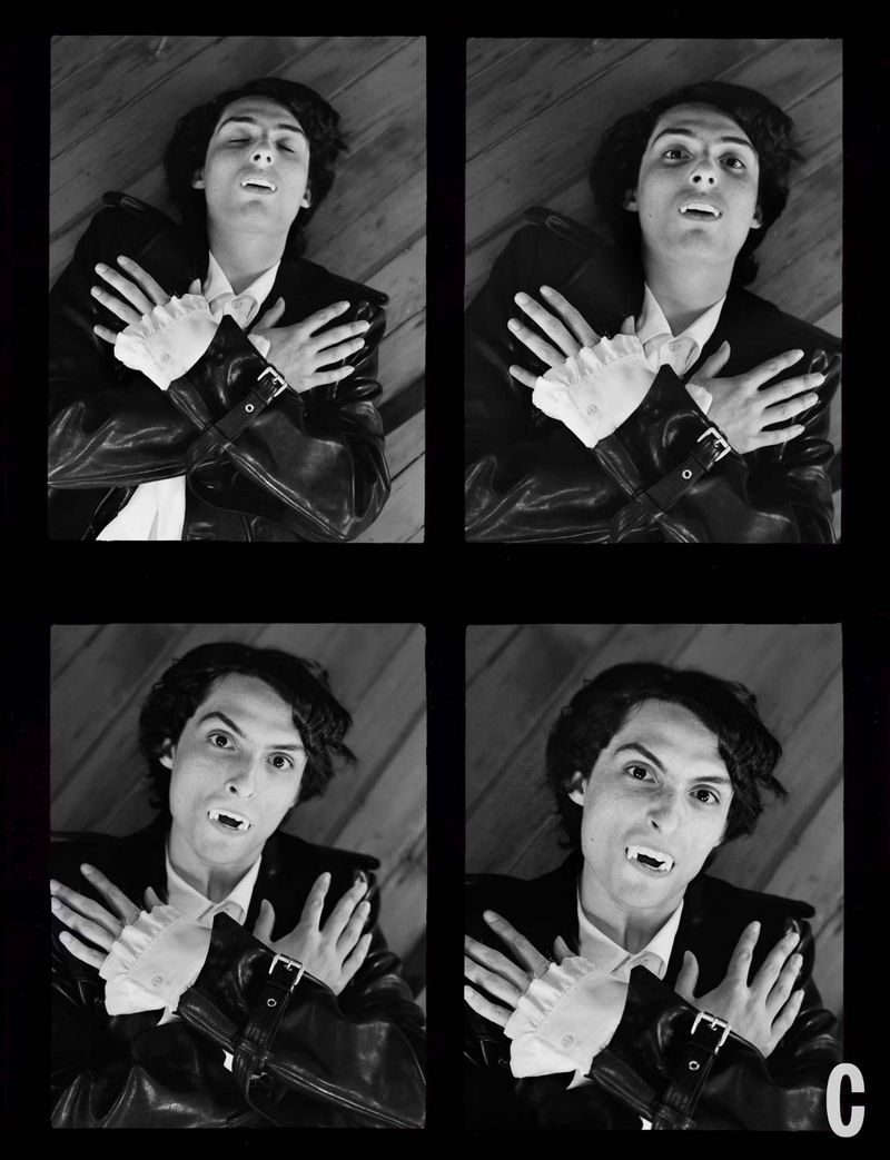 Black and white multiple image of a young adult with vampire fangs, wearing a leather jacket, posing with arms crossed.