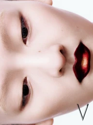 Extreme close-up beauty portrait of a model with dark red lips and bold eye makeup against a white background for V Magazine China.