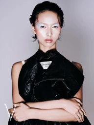 Model wearing a black leather jacket with arms crossed against a plain grey seamless background for V Magazine China