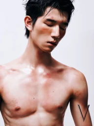 Shirtless male model with closed eyes and wet dark hair against a plain white background for V Magazine China