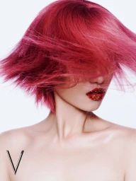 Model with vibrant pink bob haircut and glitter lips against white background for Blaze project in V Magazine China