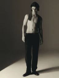 Shirtless male model wearing dark trousers against a neutral studio background for the Something More project.