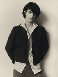 Portrait of a young male model with dark curly hair wearing a dark jacket over a striped shirt against a neutral wall.