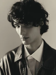 Close-up portrait of a young man with dark curly hair wearing a white collared shirt and a dark leather jacket against a neutral studio background