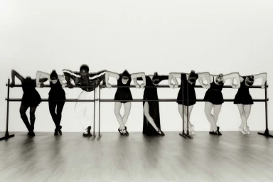 Group of dancers leaning over ballet barres against a white background shot by Myrthe Giesbers for Issue South America.