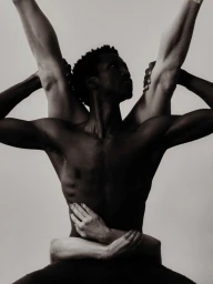 Black man with muscular physique posed in collaboration with dancer's limbs in studio portrait