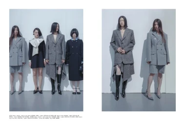 Two side-by-side fashion editorial frames featuring four models in tailored grey blazers and black coats against a neutral background.