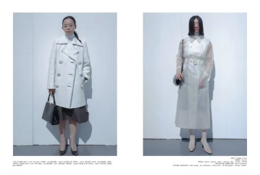 Two fashion models in white coats standing against plain studio backgrounds in a side-by-side editorial layout.