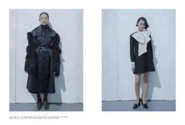 Diptyque fashion editorial featuring two female models standing against a pale grey studio background by photographer Takashi Homma.