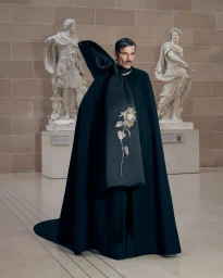 Lucky Love poses in a dramatic black Givenchy Haute Couture cape with an oversized bow and silver flower embroidery in a museum setting.