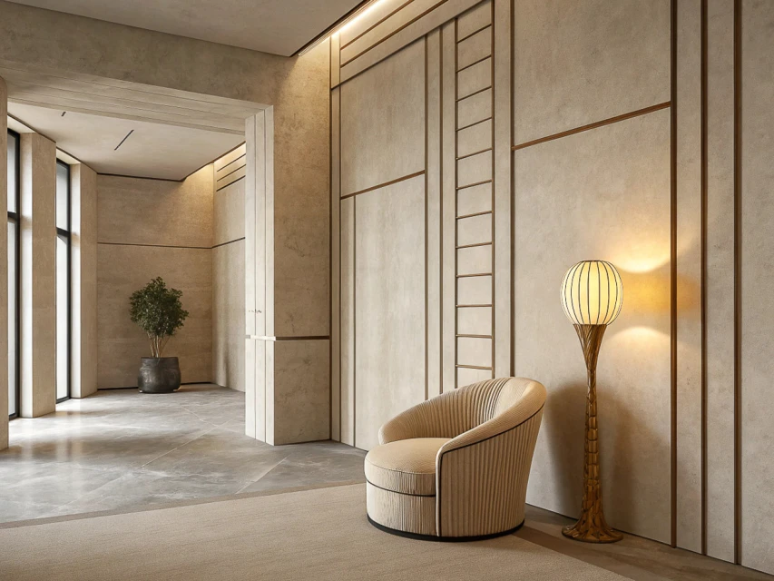 Elegant interior with a tan armchair, tall floor lamp, potted plant in the background, neutral wall decor, and marble flooring.