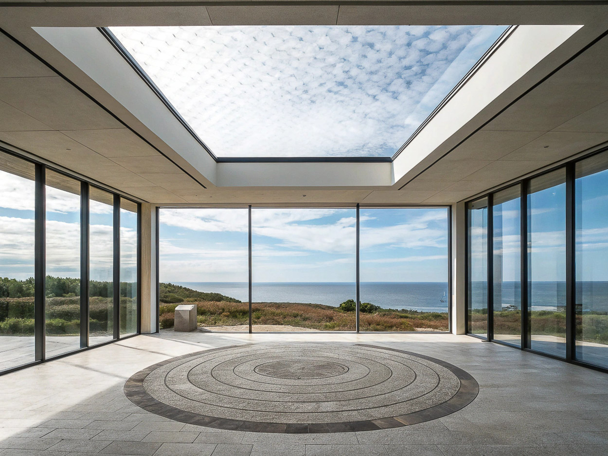 Modern architectural interior with floor-to-ceiling windows offering ocean and sky views, complemented by neutral tones and minimalist design.