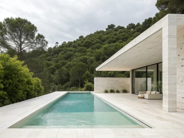 Modern architecture poolside featuring a rectangular swimming pool adjacent to a contemporary stone building and lush green trees.