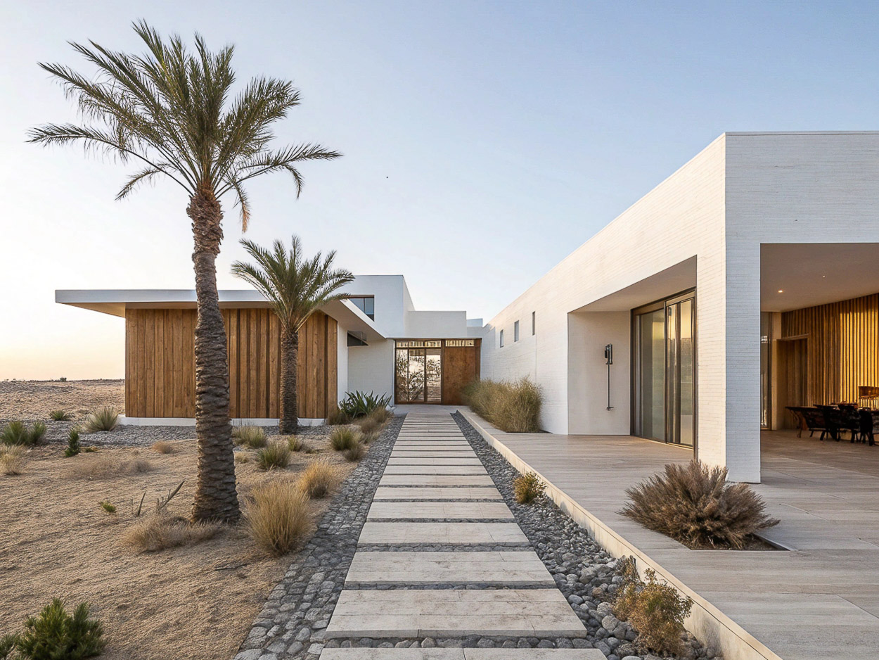 Exterior architectural design featuring a modern white building with palm trees and stone pathway leading to entrance against a clear sky.
