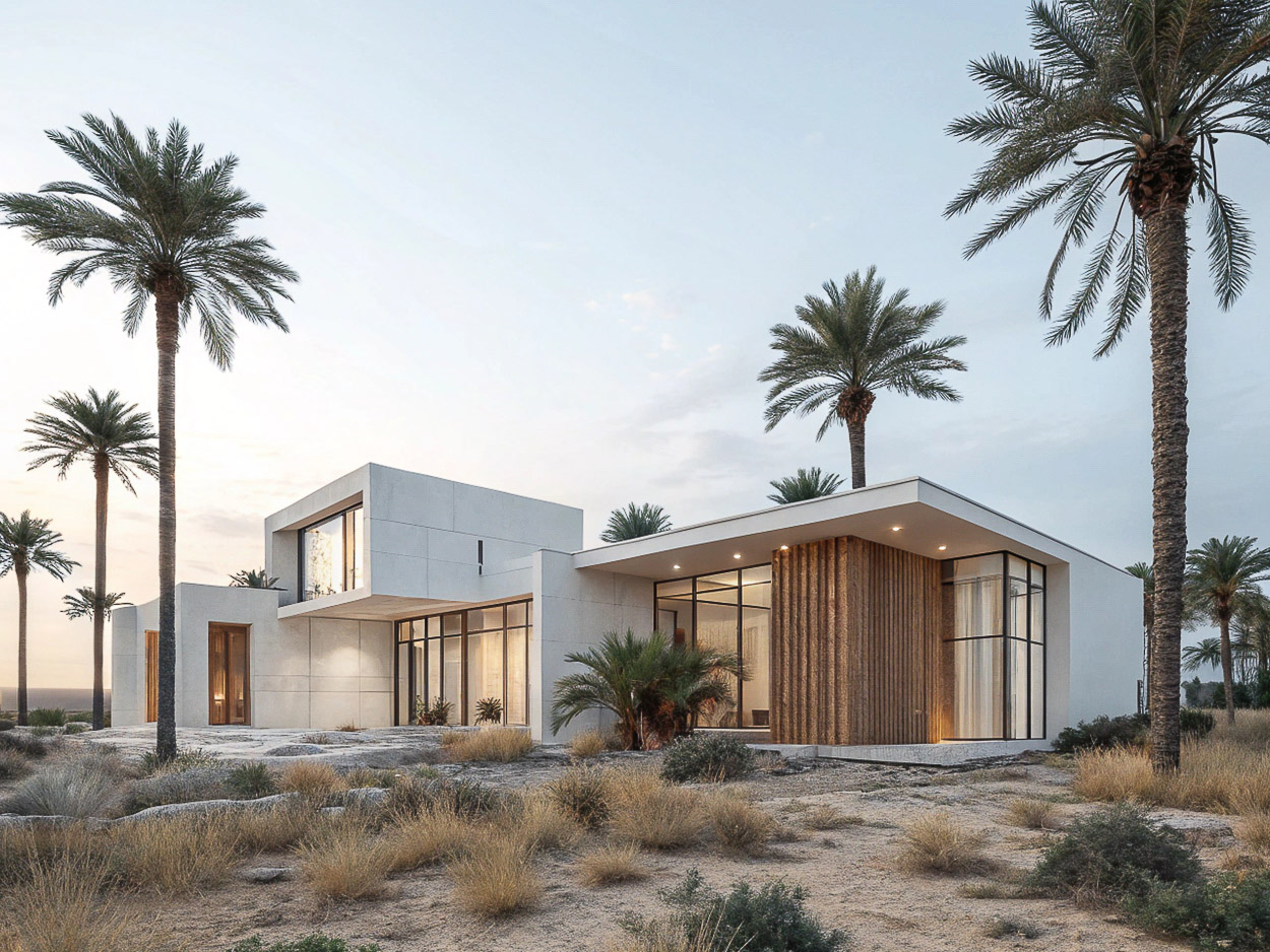 Modern white house with large windows surrounded by palm trees and desert vegetation in a tranquil, minimalist architectural setting.