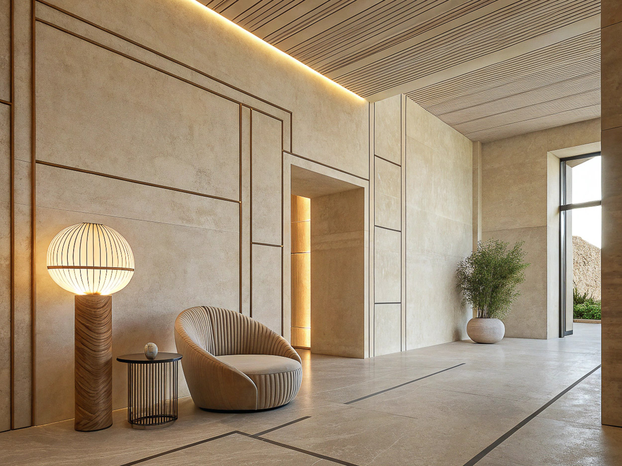 Contemporary interior design featuring a modern armchair, a glowing floor lamp, and a potted plant in a minimalist space with neutral tones.