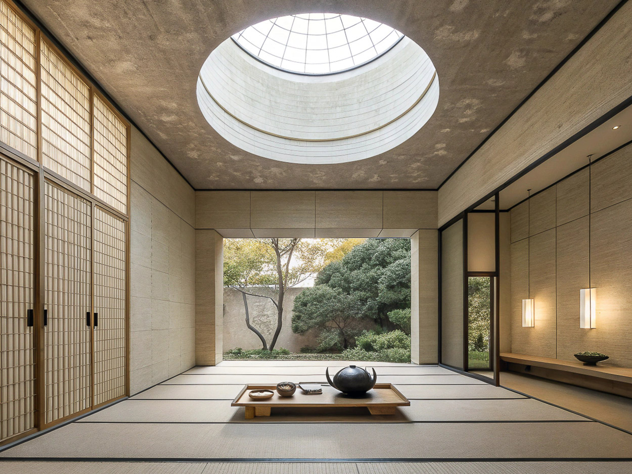 Minimalist interior with tatami mats, a round skylight, and a view of a garden with trees and greenery through a doorway.