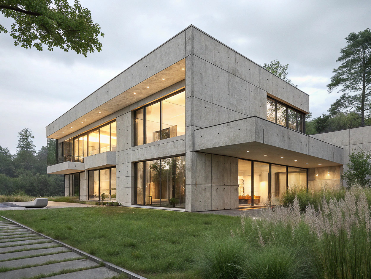 Exterior shot of a modern two-story concrete house with large windows, surrounded by a lawn, plants, and trees under a cloudy sky.