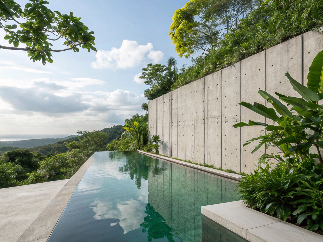Concrete wall and serene infinity pool merge with lush green trees under a bright blue sky with scattered clouds on a sunny day.