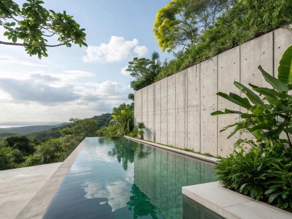 Concrete wall and serene infinity pool merge with lush green trees under a bright blue sky with scattered clouds on a sunny day.