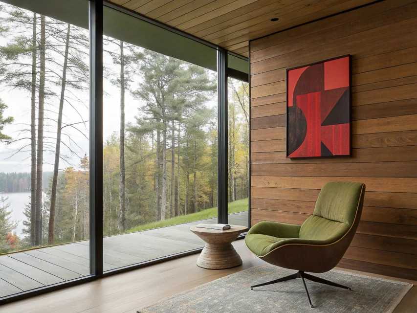 An interior with a green armchair, wood walls, and large windows overlooking a forest and lake, creating a peaceful and elegant living space.