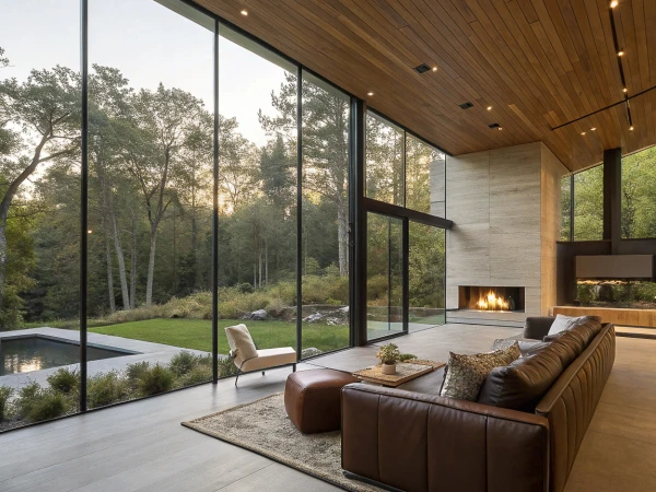 Modern living room with large windows overlooking a forest, brown leather sofa, fireplace, and swimming pool outside.