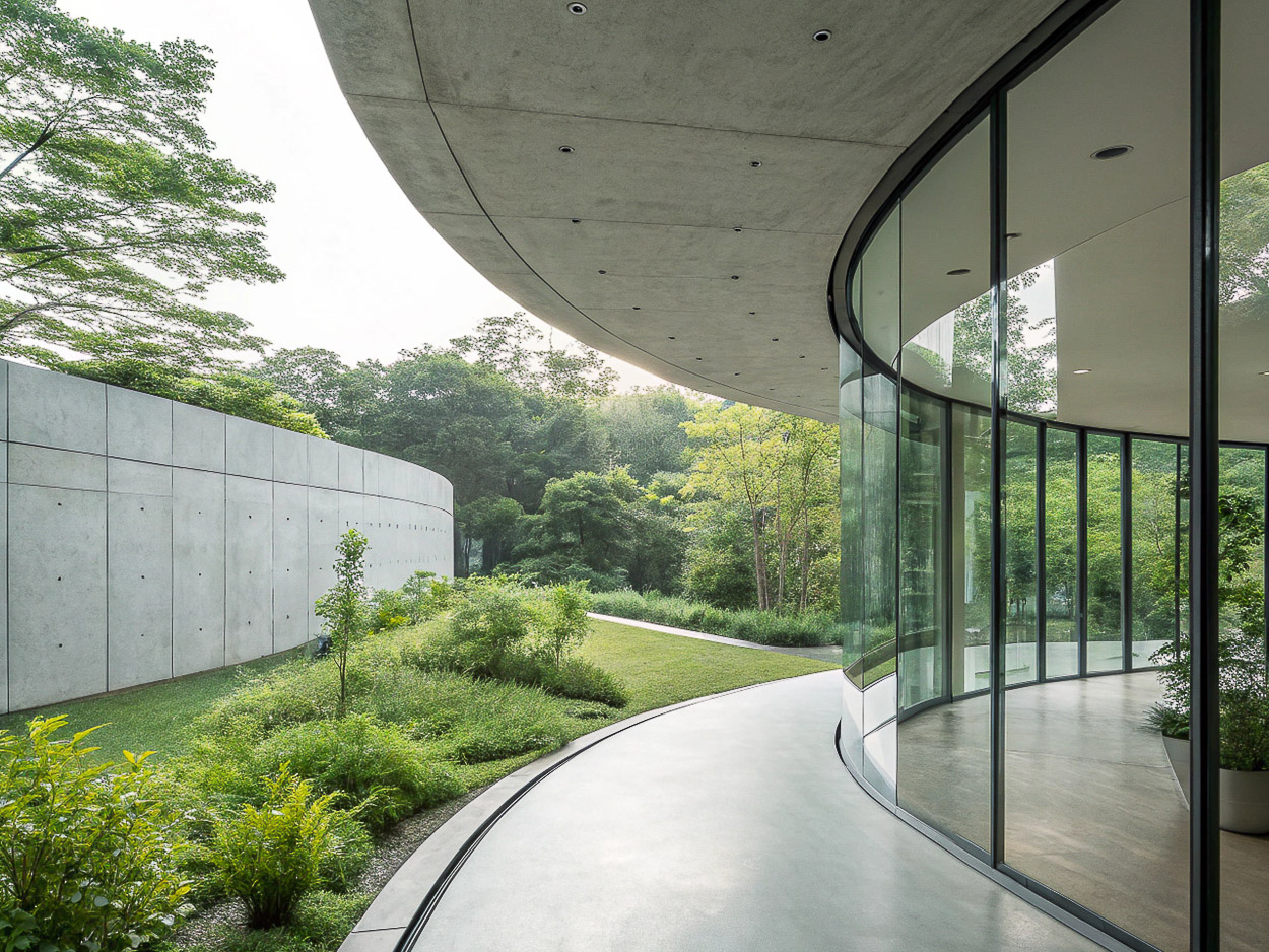 Curved architectural building with glass walls overlooking green landscape with trees and plants, showcasing modern design and nature integration.