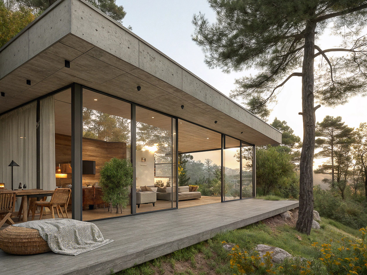 Modern concrete and glass home with a wooden deck, surrounded by green trees and vegetation, creating a serene, contemporary living space.