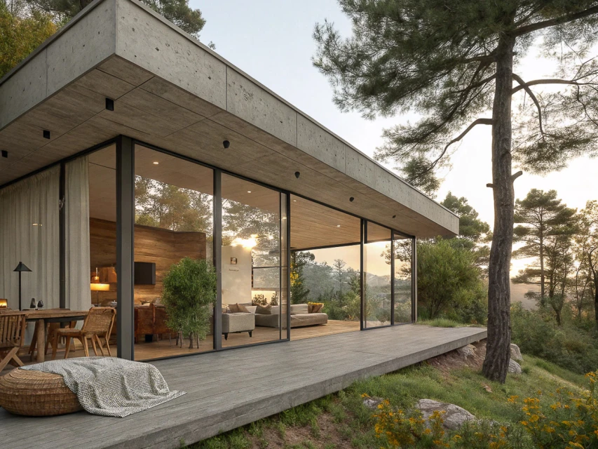Modern concrete and glass home with a wooden deck, surrounded by green trees and vegetation, creating a serene, contemporary living space.