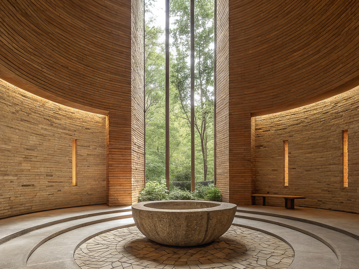 Interior view of a modern chapel with a stone basin, timber-lined walls and ceiling, and a large window showing a green forest.