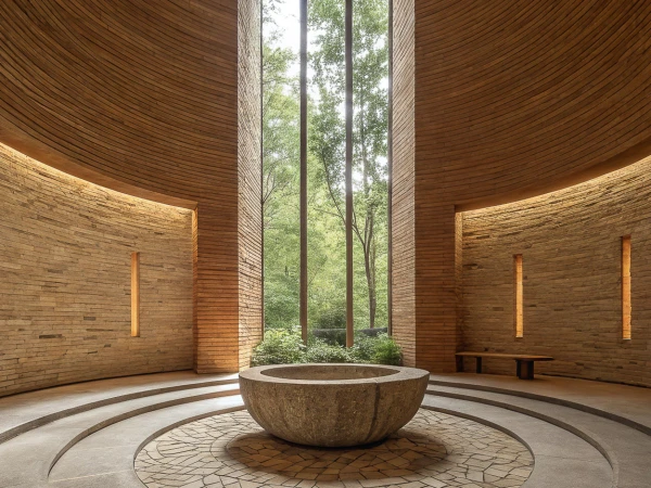 Interior view of a modern chapel with a stone basin, timber-lined walls and ceiling, and a large window showing a green forest.