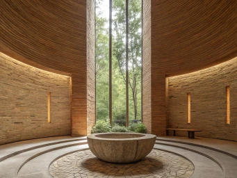A round stone basin centered in a circular pavilion with warm textured masonry walls, narrow vertical windows, and a slatted wood ceiling.