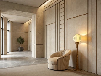 Cream fluted armchair and illuminated sculptural floor lamp against geometric paneled walls in a modern interior corridor.
