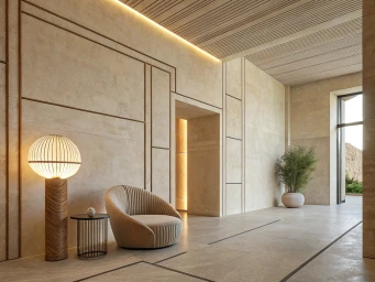 Minimalist interior with a curved beige ribbed armchair, glowing globe floor lamp, round accent table, and potted plant.